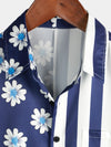 Men's Summer Navy Blue and White Striped & Daisy Floral Print Pocket Flower Short Sleeve Hawaiian Shirt