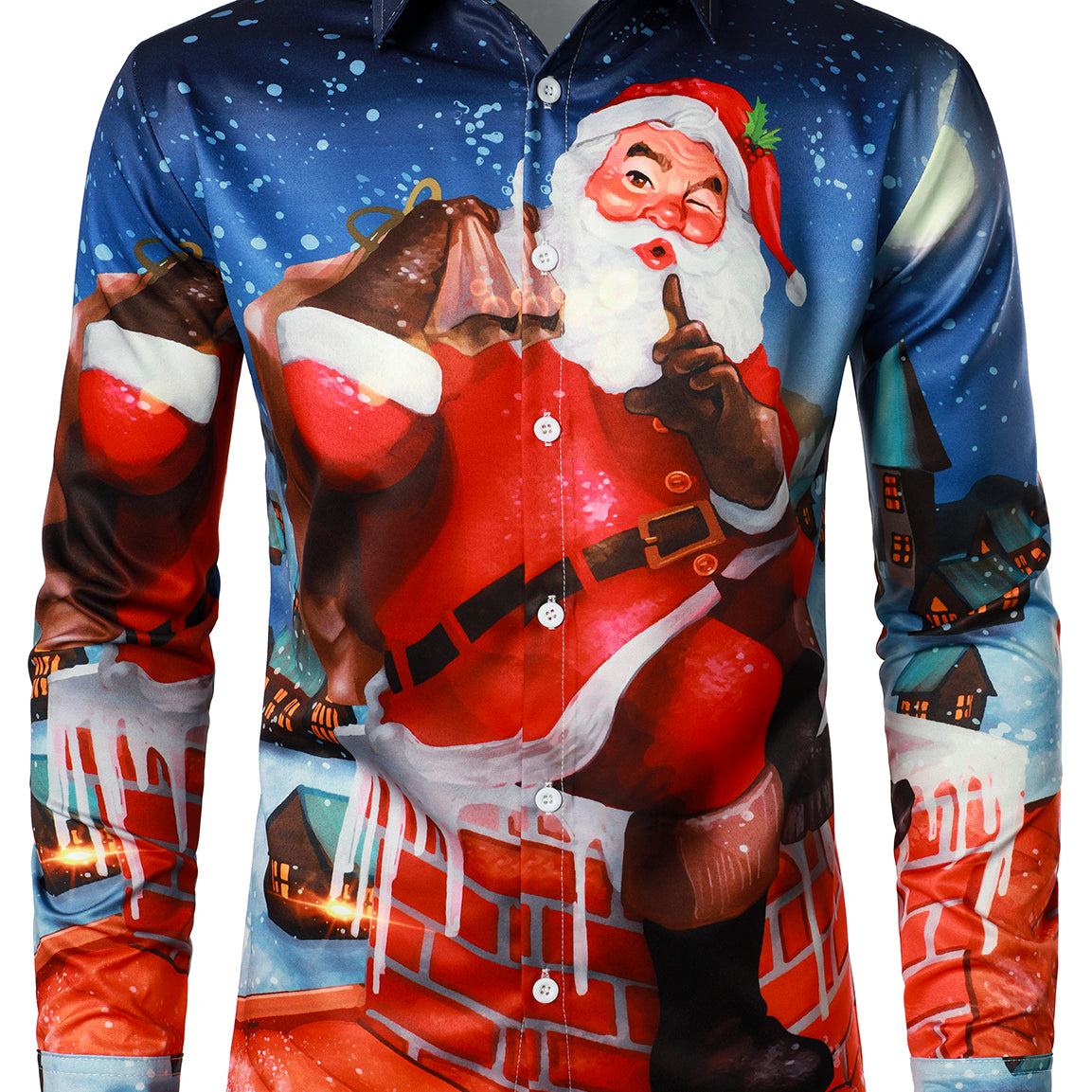 Men's Christmas Santa Claus Print Blue Regular Fit Long Sleeve Shirt