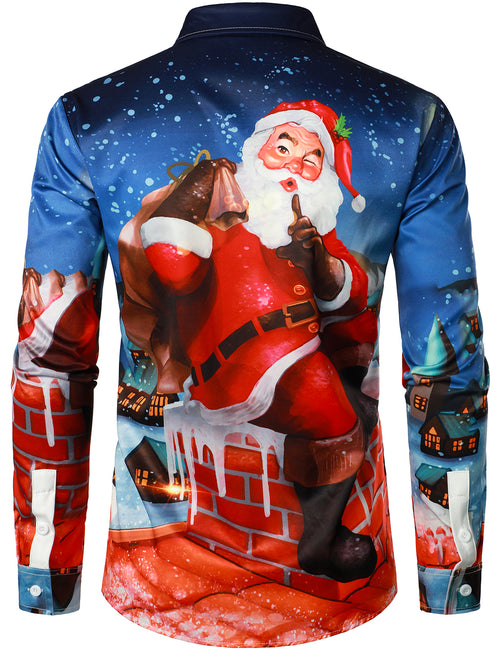 Men's Christmas Santa Claus Print Blue Regular Fit Long Sleeve Shirt
