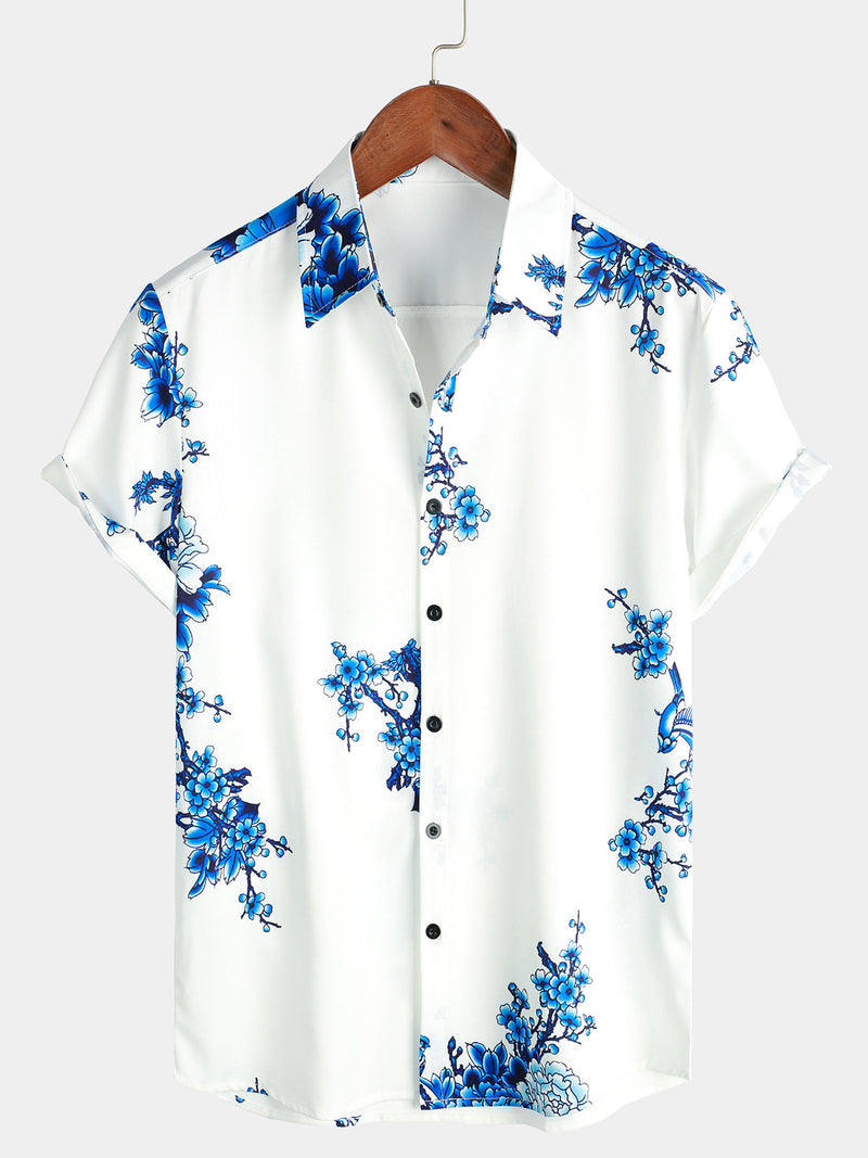 Bundle Of 2 | Men's Blue Floral & Stripe Printed Button Up Short Sleeve Casual Shirts