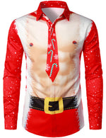 Bundle Of 2 | Men's Christmas Themed Santa Claus Muscle Print Costume Red Lapel Long Sleeve Shirts