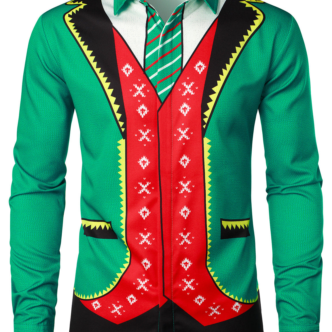 Men's Casual Christmas Outfit Themed Button Up Green Long Sleeve Shirt