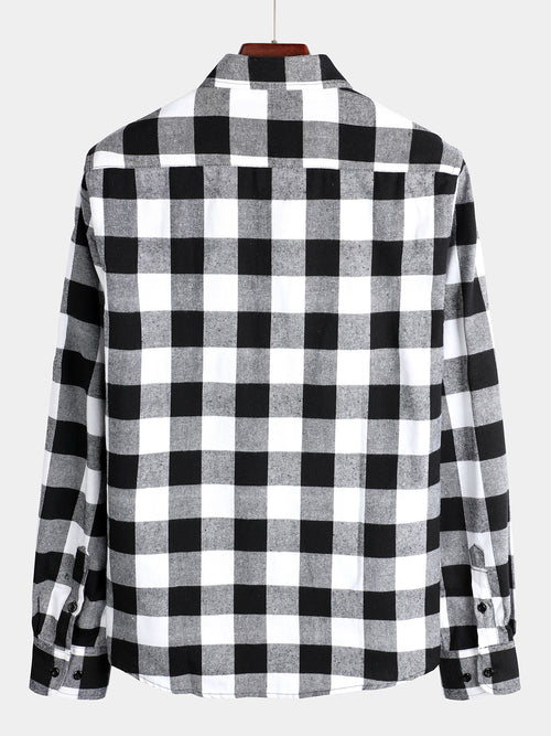 Men's Button Up Regular Fit Long Sleeve Black and White Plaid Flannel Shirt