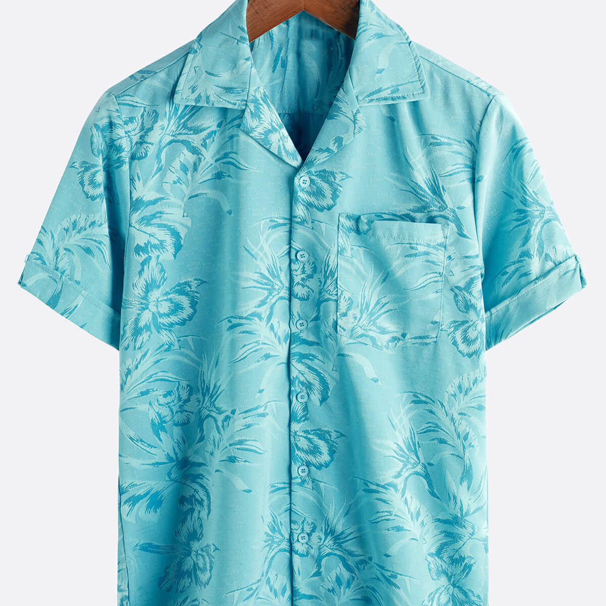 Camisa de playa hawaiana de verano con cuello cubano y botones de jacquard con bolsillo floral para hombre
