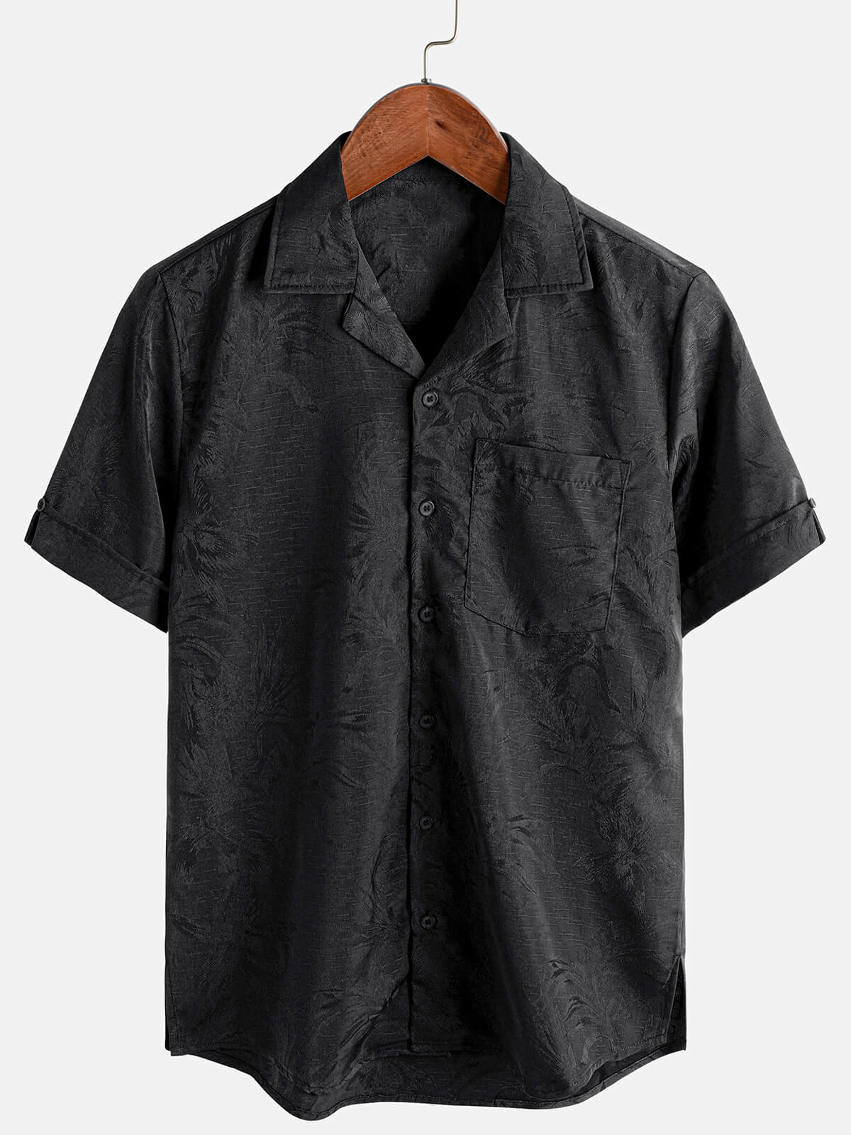 Men's Floral Pocket Jacquard Button Up Short Sleeve Summer Cuban Collar Camp Hawaiian Beach Shirt