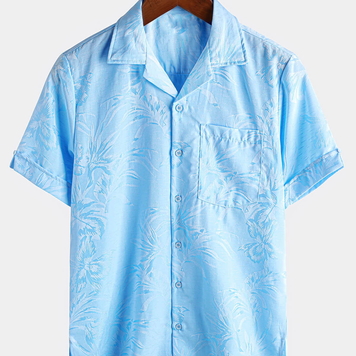 Camisa de playa hawaiana de verano con cuello cubano y botones de jacquard con bolsillo floral para hombre