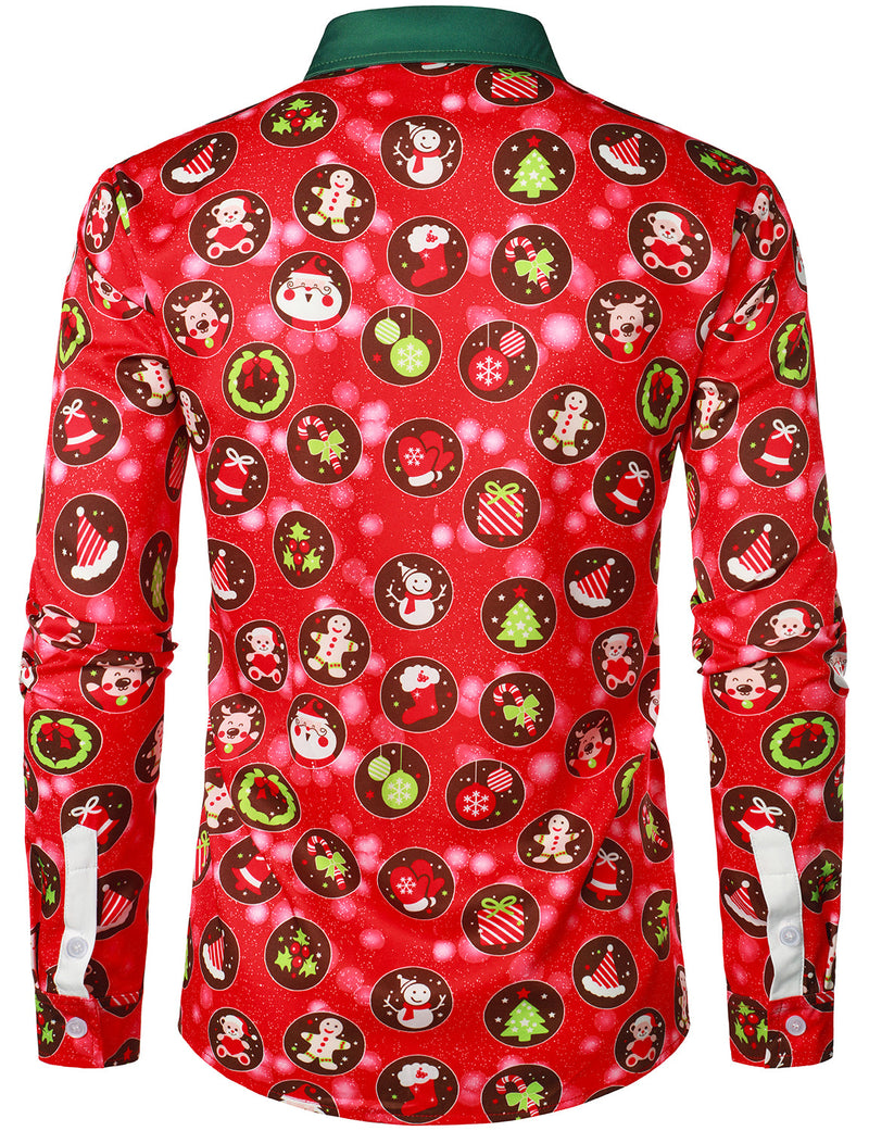 Men's Funny Christmas Print Red Button Up Long Sleeve Shirt