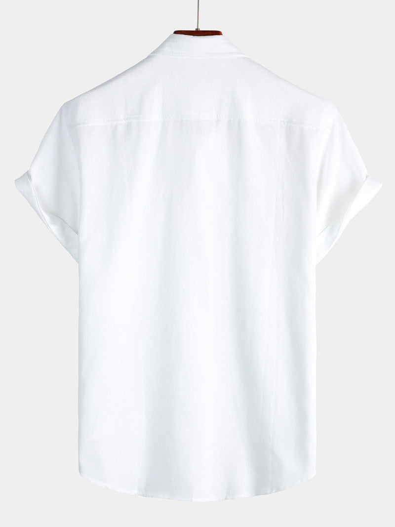 Men's Cotton & Linen Chest Pockets Solid Color Short Sleeve Shirt