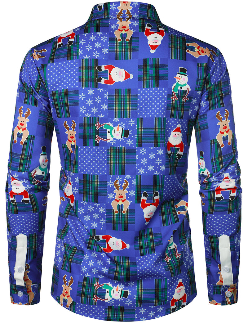 Men's Santa Claus And Red Nosed Reindeer Christmas Blue Plaid Long Sleeve Shirt