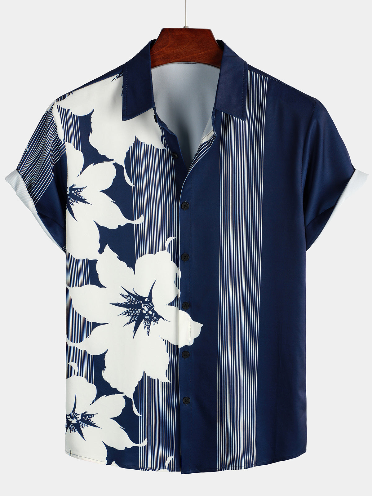 Men's Vertical Stripe Flower Print Vacation Navy Blue Hawaiian Vintage Aloha Short Sleeve Shirt