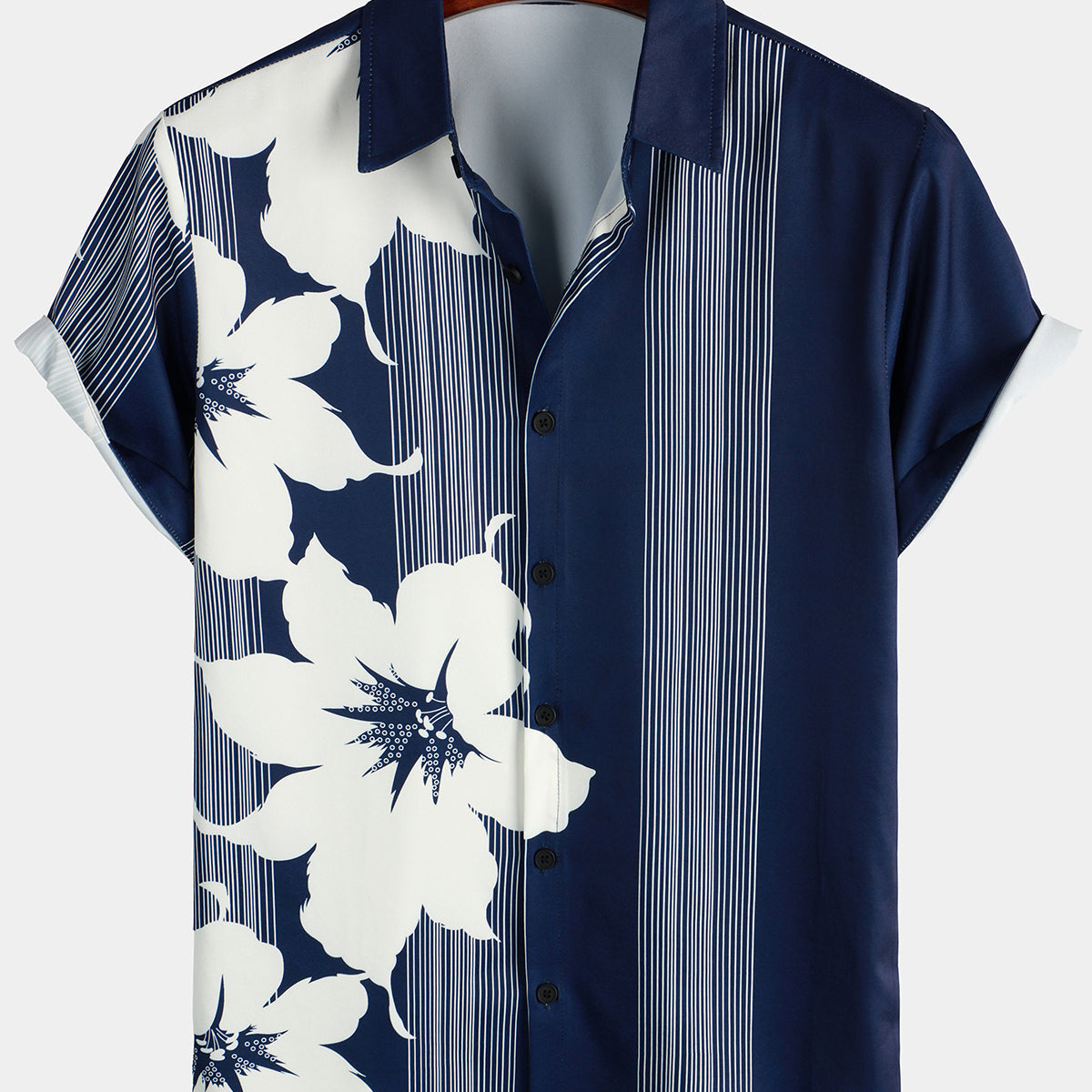 Men's Vertical Stripe Flower Print Vacation Navy Blue Hawaiian Vintage Aloha Short Sleeve Shirt