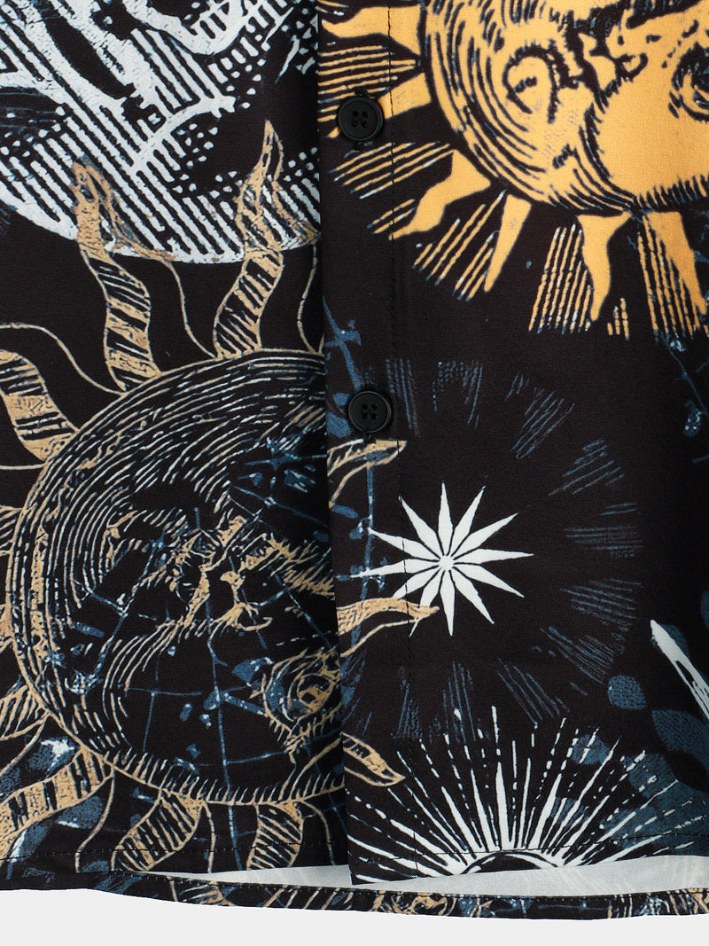 Men's Space Planet Sun Moon Print Casual Short Sleeve Shirt