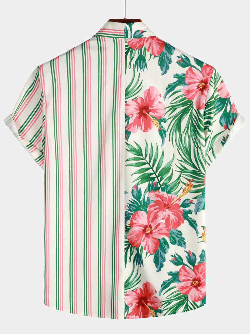 Men's Floral Print Red and Green Striped Beach Short Sleeve Button Up Hawaiian Shirt