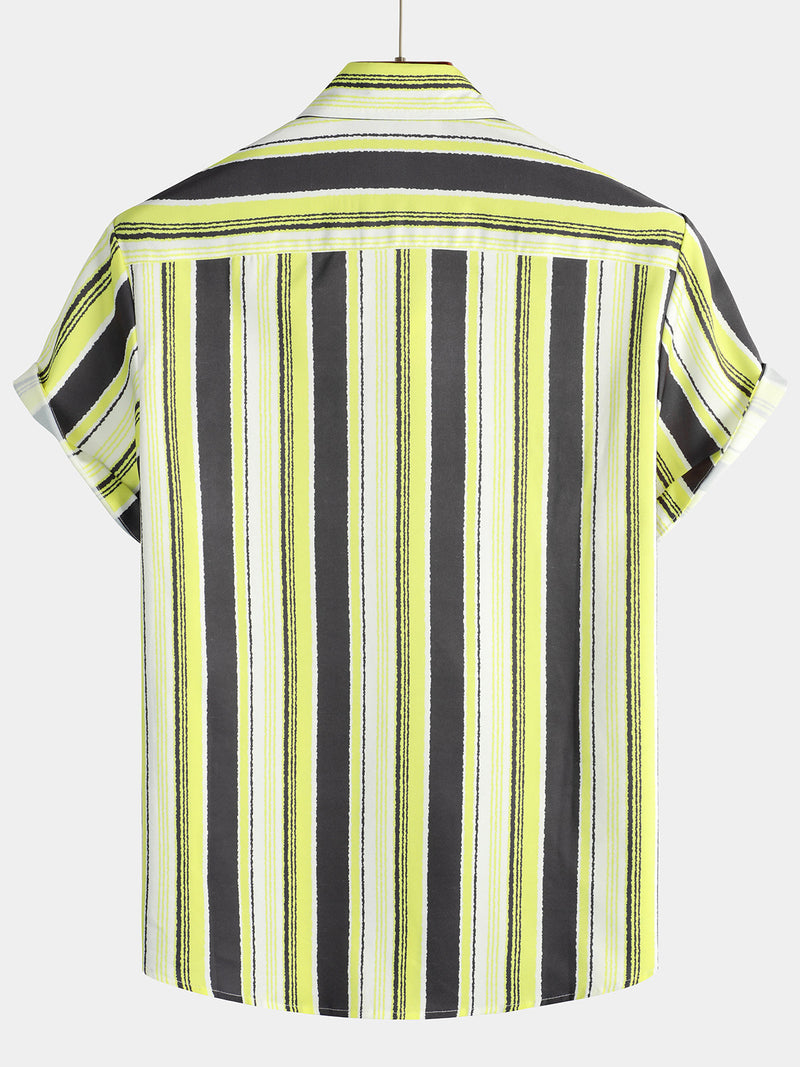 Men's Vintage Black and Yellow Vertical Striped Print Summer Casual Pocket Short Sleeve Shirt
