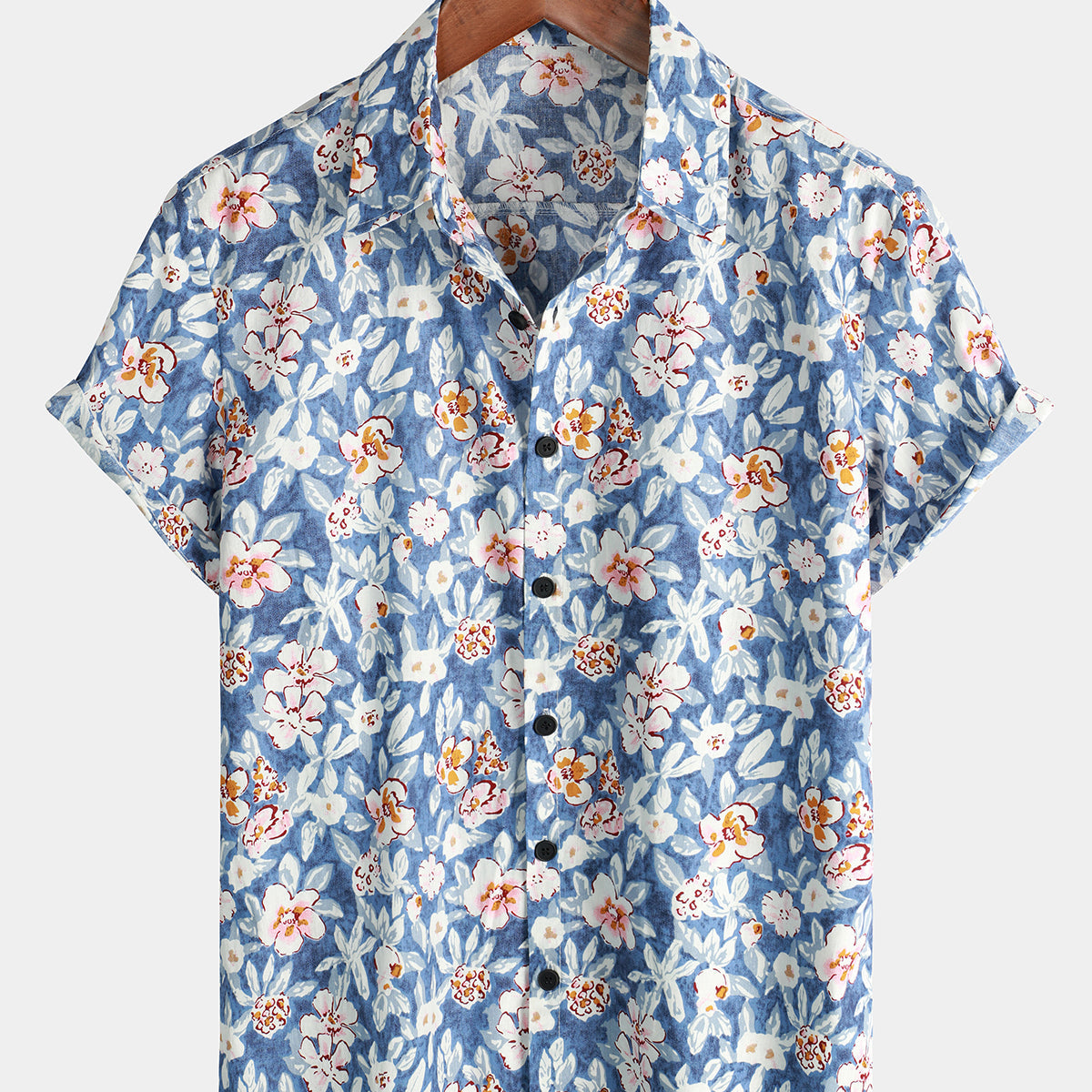 Men's Floral Print Vintage Blue Breathable Cotton Top Button Up Short Sleeve Shirt