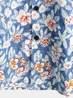 Men's Floral Print Vintage Blue Breathable Cotton Top Button Up Short Sleeve Shirt