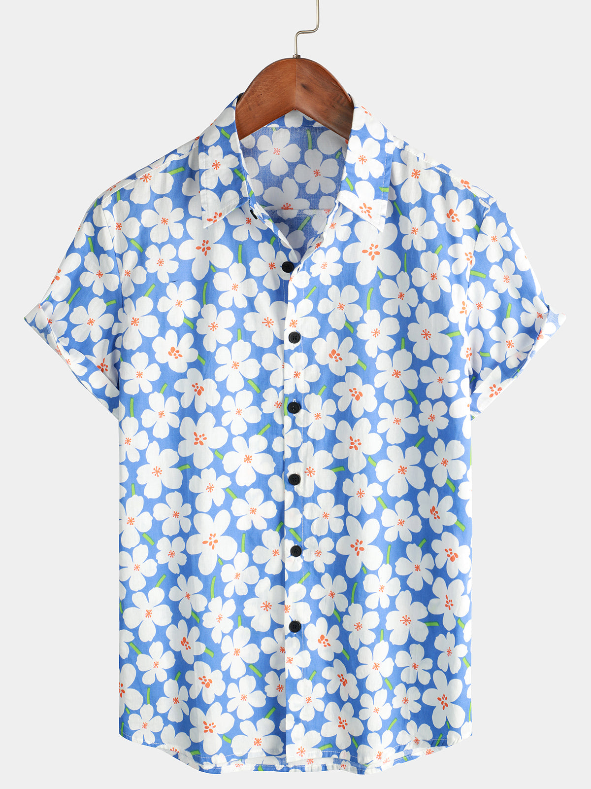 Men's Summer Floral Print Holiday Flower Resort Casual Lapel Light Blue Short Sleeve Shirt