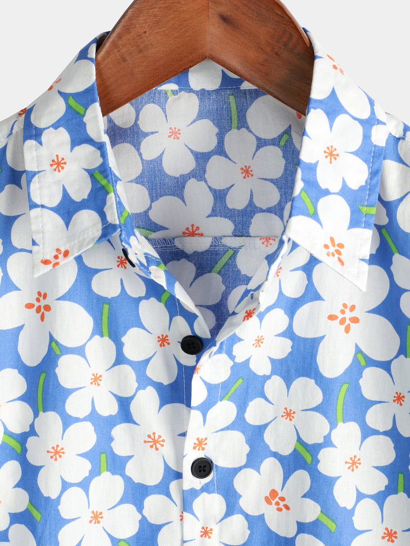Bundle Of 2 | Men's Floral Print Holiday Flower Resort Casual Lapel Light Blue Short Sleeve Shirts
