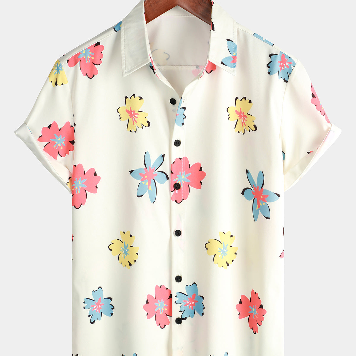 Men's Summer Floral Print White Top Button Up Short Sleeve Shirt