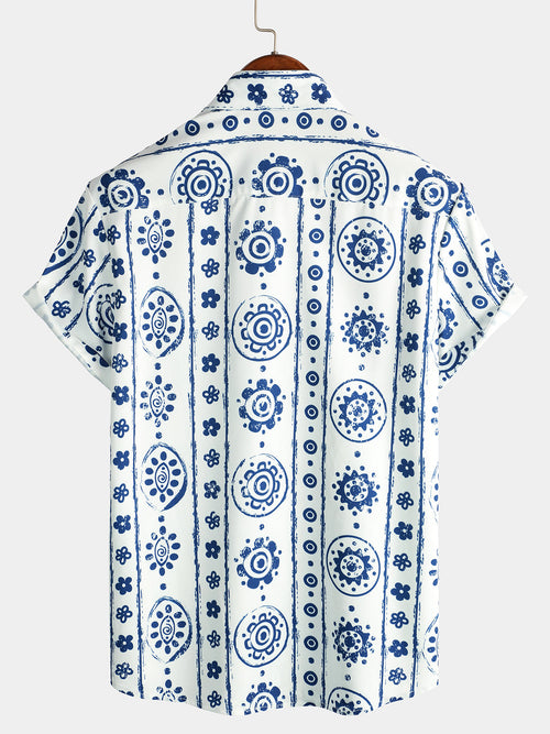 Men's Retro Casual Tribe Blue Striped Sun Art Print Vintage Top Button Up Short Sleeve Shirt