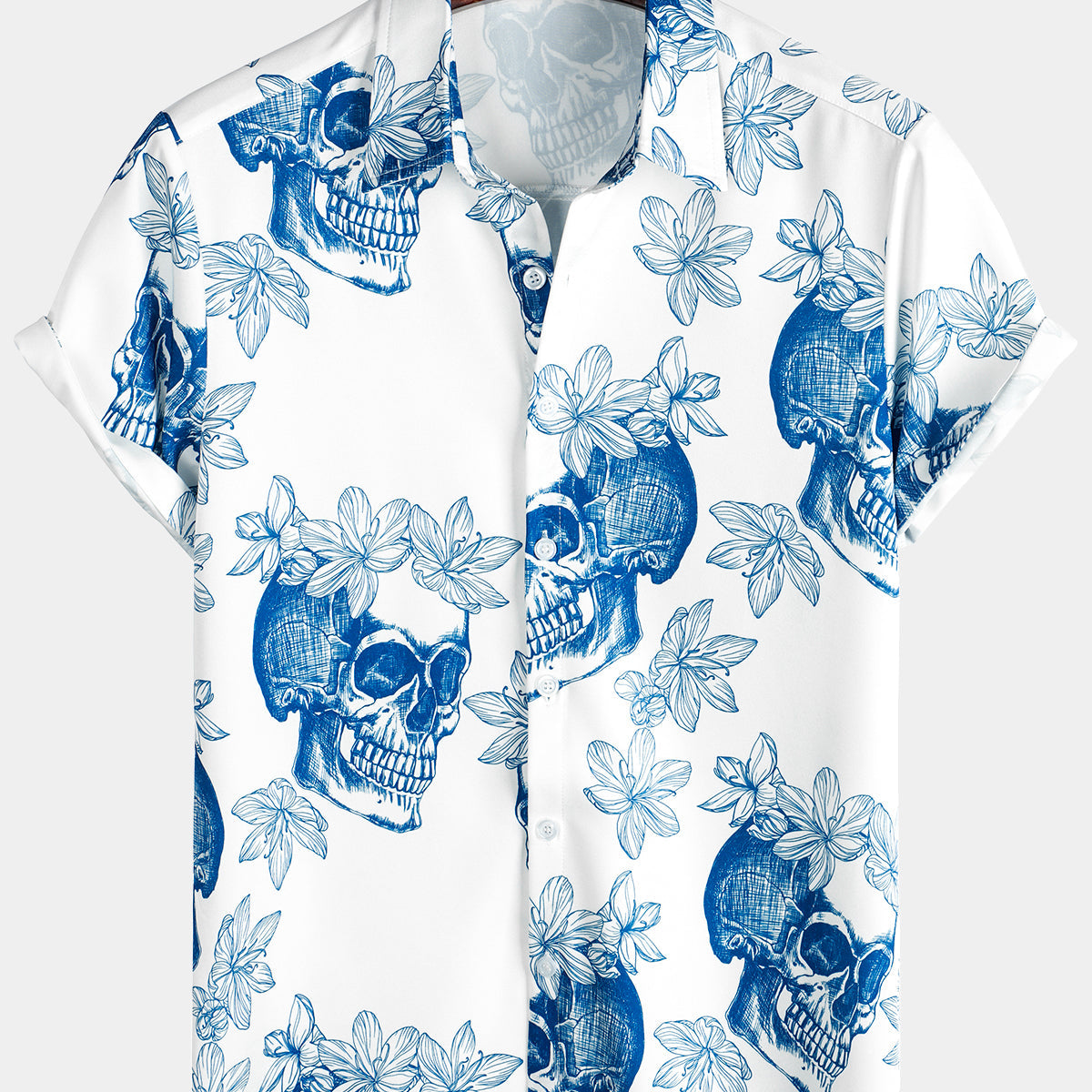 Men's Skull Rock and Roll Cool Tropical Vacation Short Sleeve Beach Crazy White Hawaiian Shirt