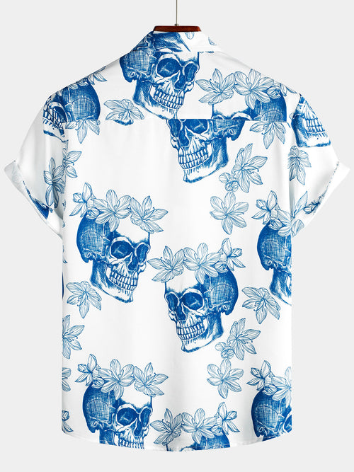 Men's Skull Rock and Roll Cool Tropical Vacation Short Sleeve Beach Crazy White Hawaiian Shirt