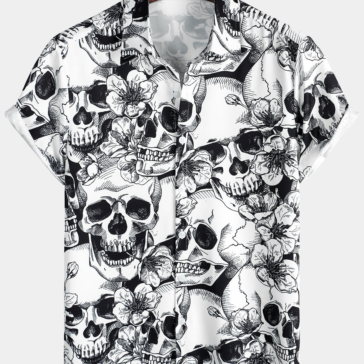 Men's Skull Punk Rocker Cool Rock Button Up Rockabilly Style Short Sleeve Hawaiian Shirt