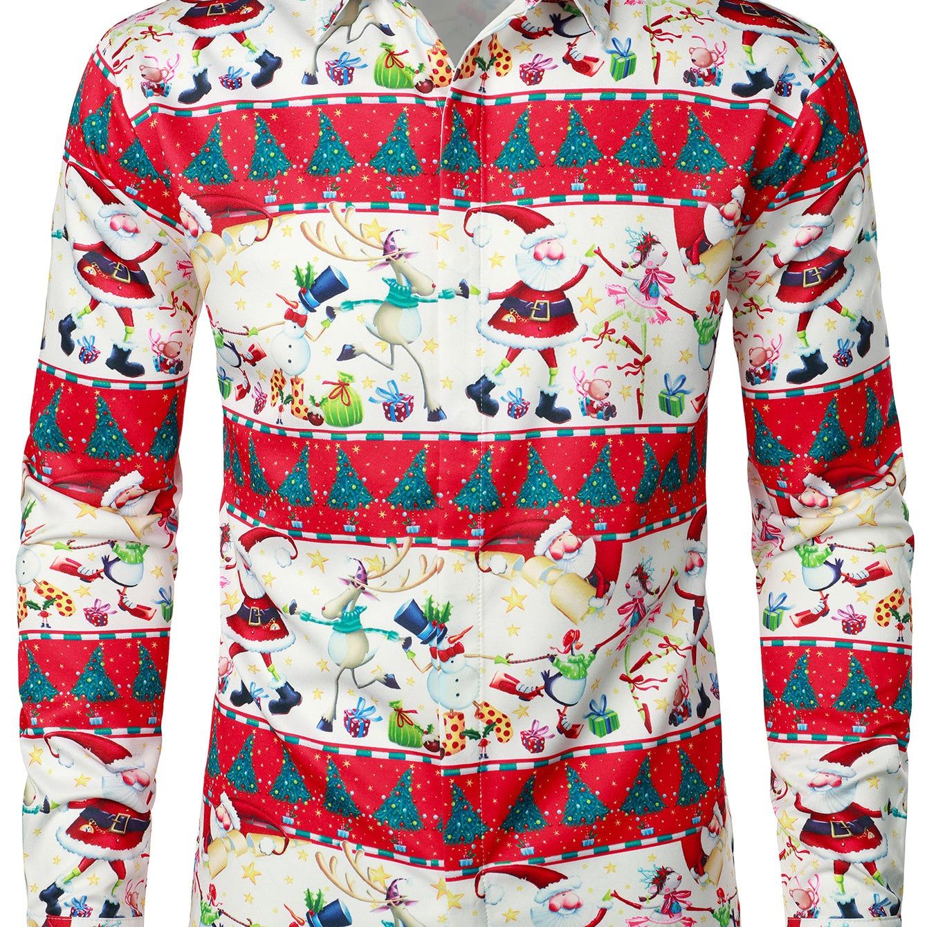 Men's Santa Reindeer Striped Print Merry Christmas Long Sleeve Shirt
