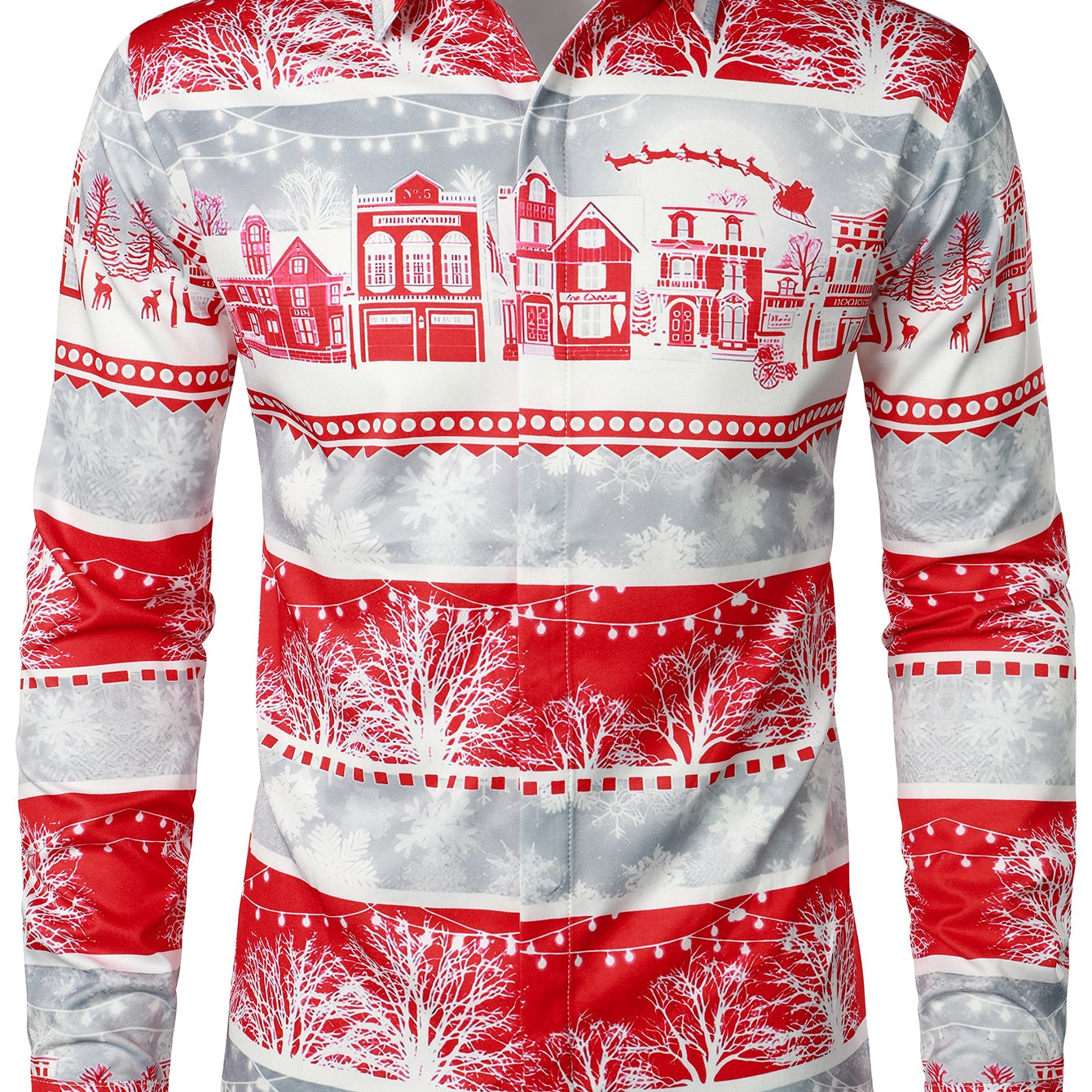Men's Snowflake Striped Print Button Up Long Sleeve Lapel Christmas Shirt
