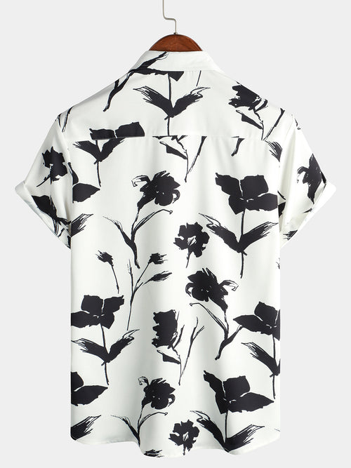 Men's Casual Floral Button Up Black And White Short Sleeve Shirt