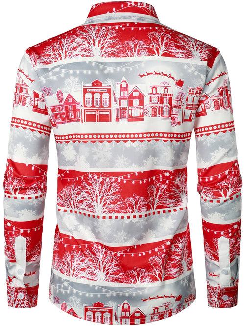 Men's Snowflake Striped Print Button Up Long Sleeve Lapel Christmas Shirt