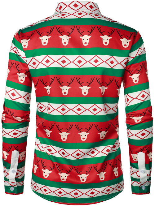 Men's Reindeer Striped Print Lapel Long Sleeve Christmas Shirt