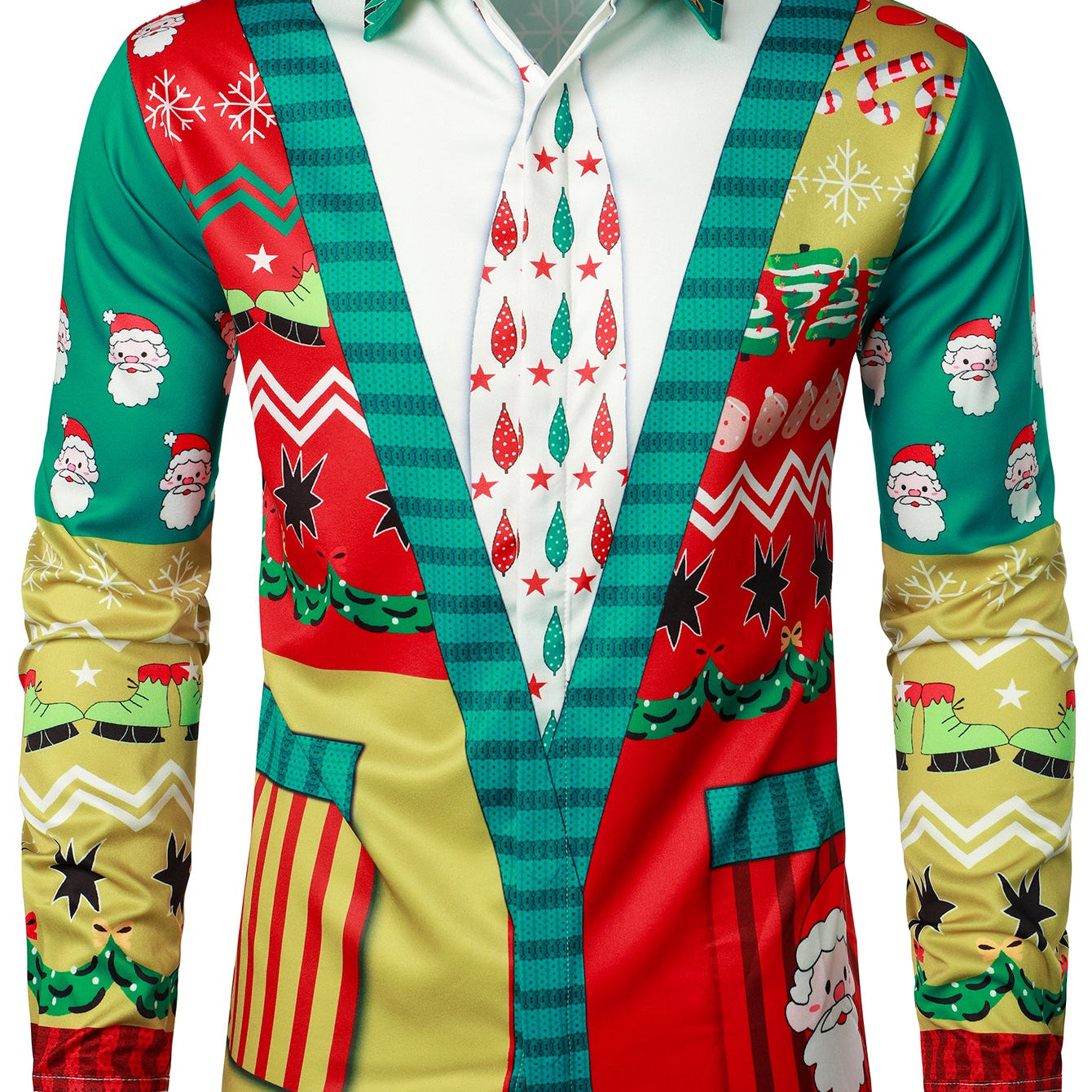 Men's Funny Christmas Print Long Sleeve Button Up Vacation Shirt