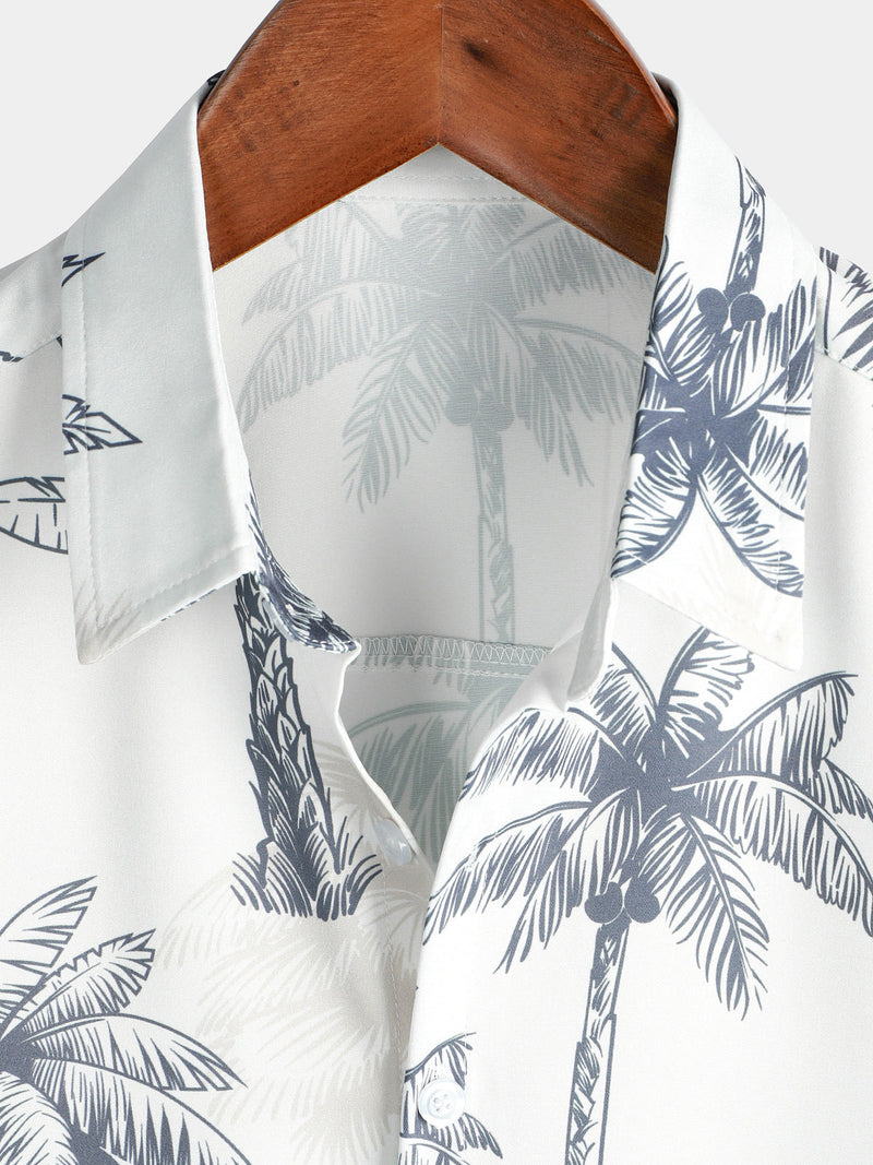 Men's Tropical Print Aloha Vacation Beach Coconut Tree Short Sleeve White Hawaiian Shirt
