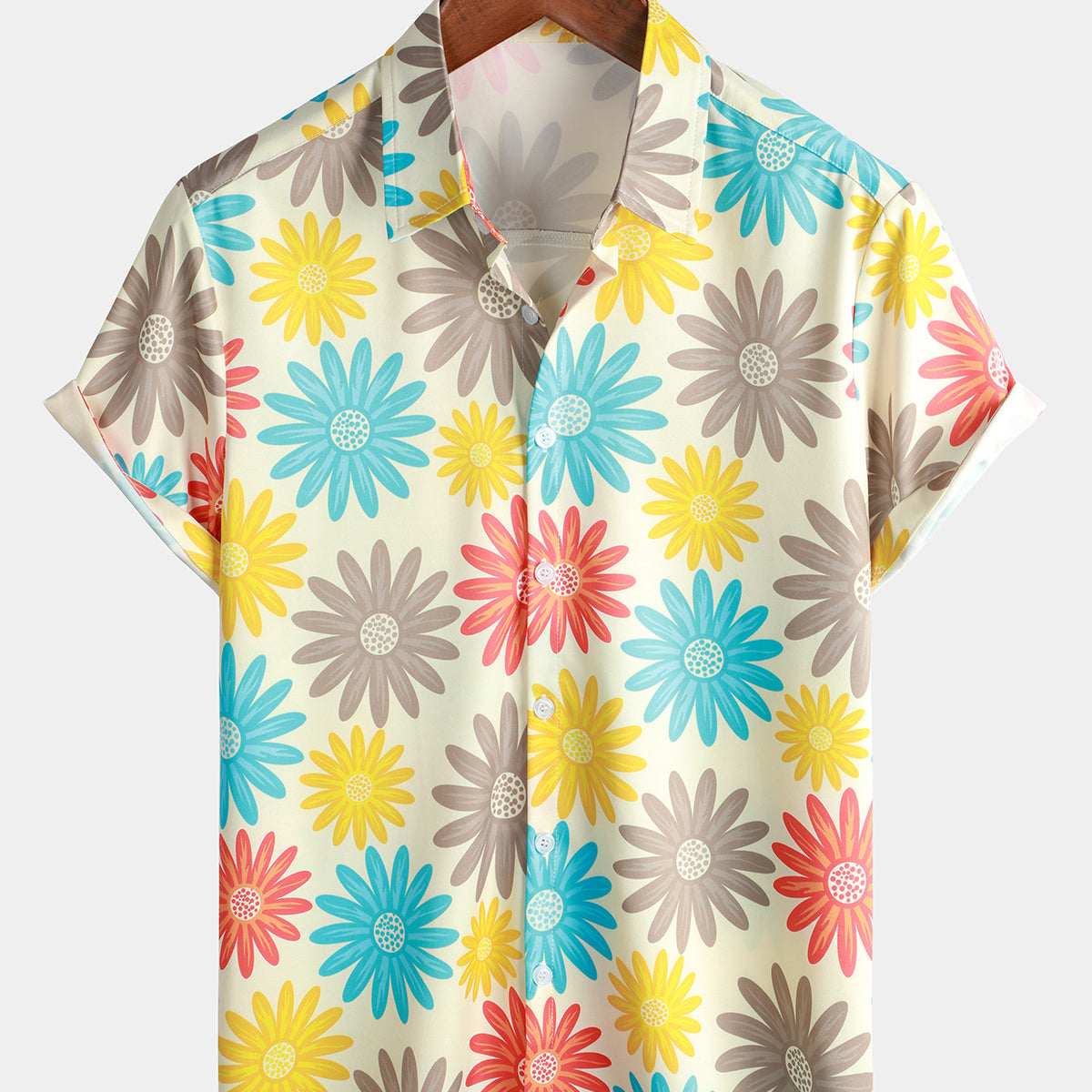 Men's Colorful Daisy Holiday Floral Button Up Casual Summer Beach Short Sleeve Shirt