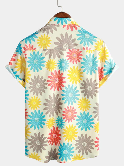 Men's Colorful Daisy Holiday Floral Button Up Casual Summer Beach Short Sleeve Shirt