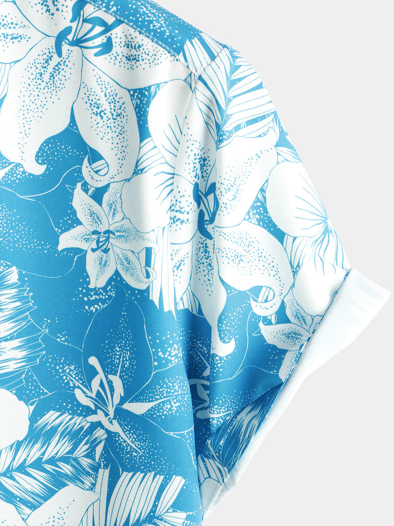 Men's Blue Tropical Floral Print Aloha Vacation Beach Short Sleeve Summer Hawaiian Shirt