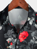 Men's Casual Floral Button Up Summer Beach Black Short Sleeve Shirt
