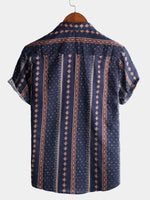 Men's Retro 70s Button Up Vintage Navy Blue Striped Beach Summer Short Sleeve Cotton Shirt