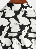 Men's Cotton Bunny Cute Rabbit Animal Print Button Up Black and White Breathable Short Sleeve Shirt