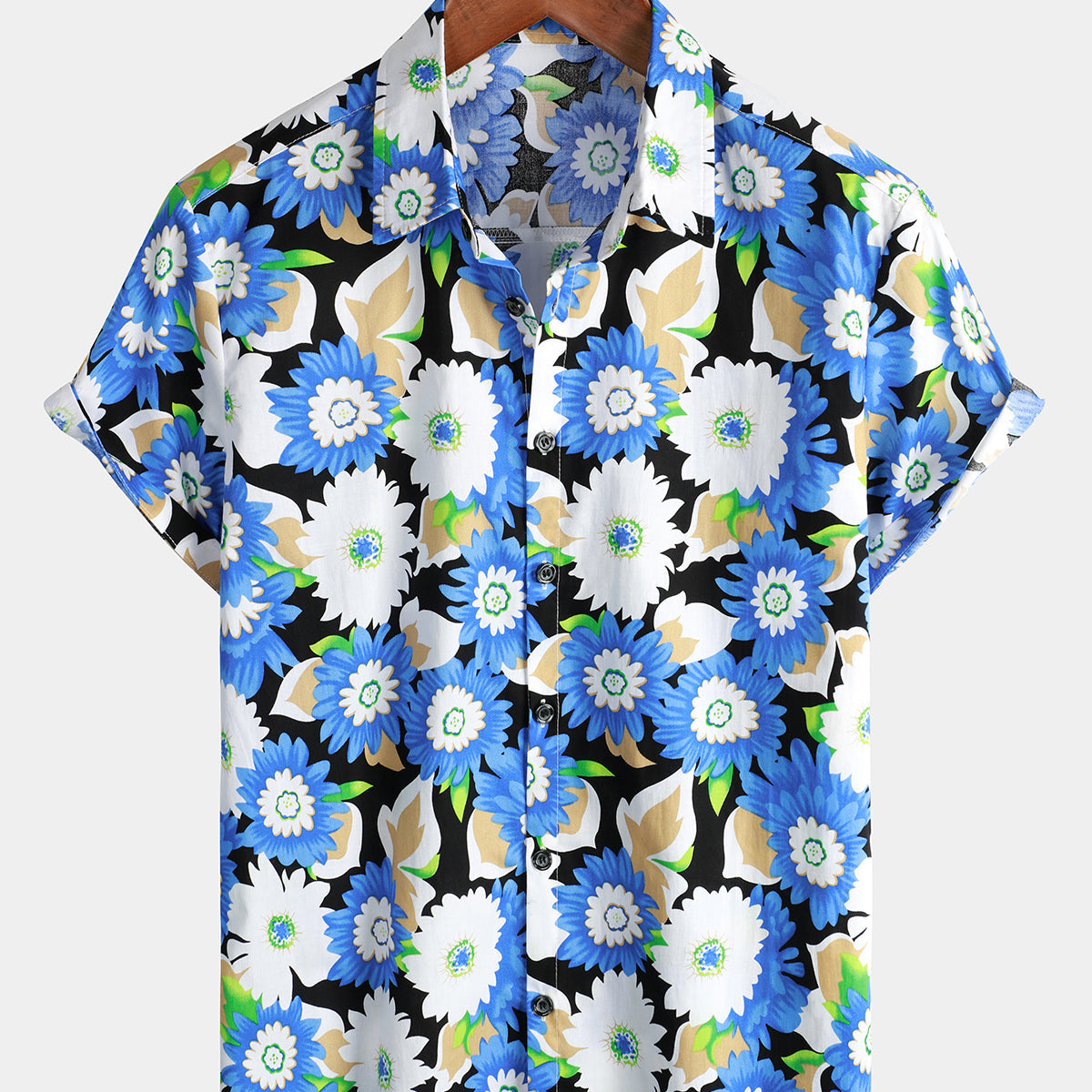 Men's Floral Print Breathable Cotton Cool Short Sleeve Blue Flower Button Up Shirt