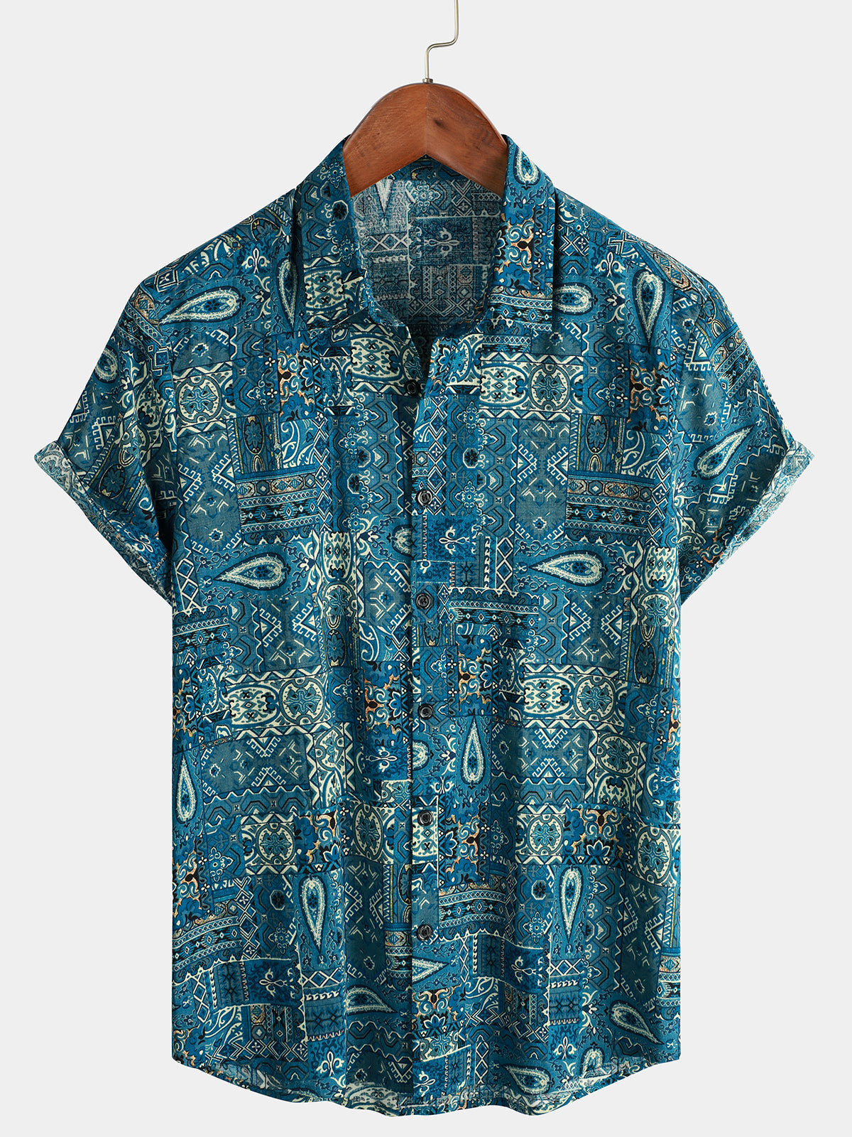 Men's Vintage Beach Tropical Print Vacation Tribal Boho Short Sleeve Retro Blue Button Up Shirt