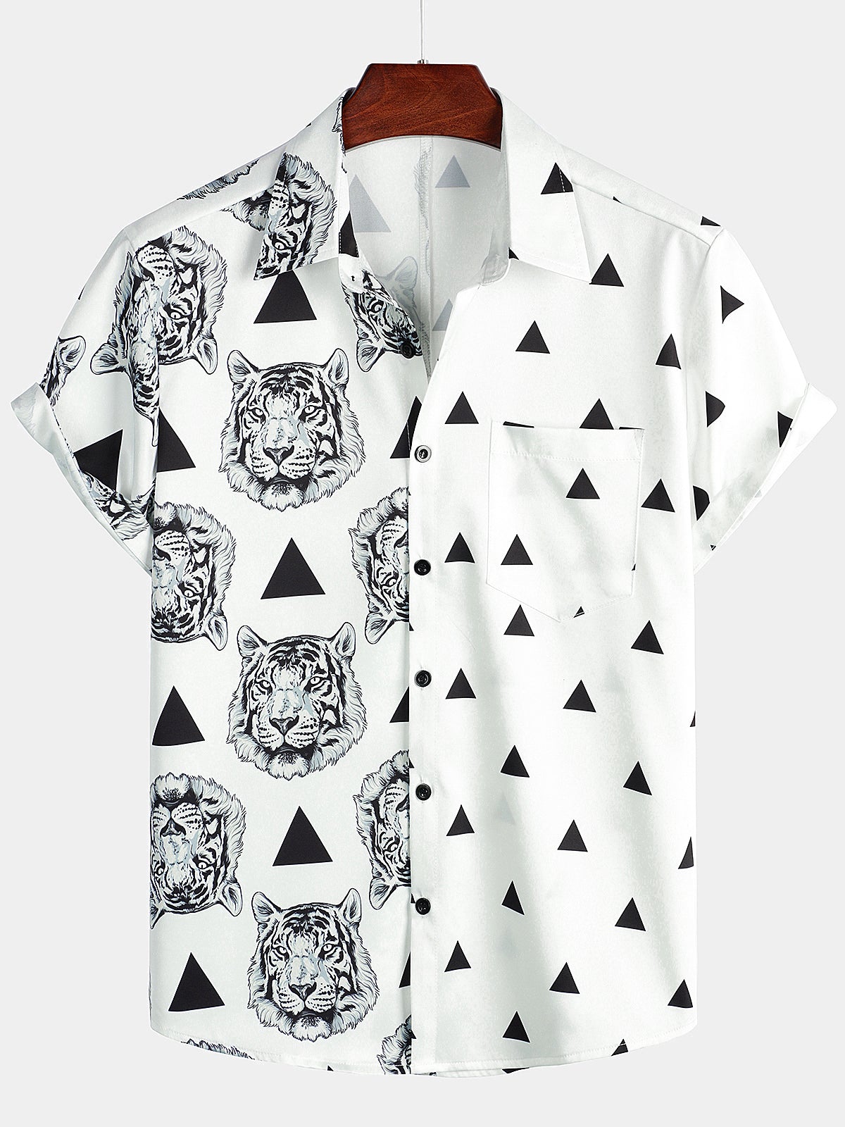 Men's Tiger Print Pocket Casual Short Sleeve Shirt