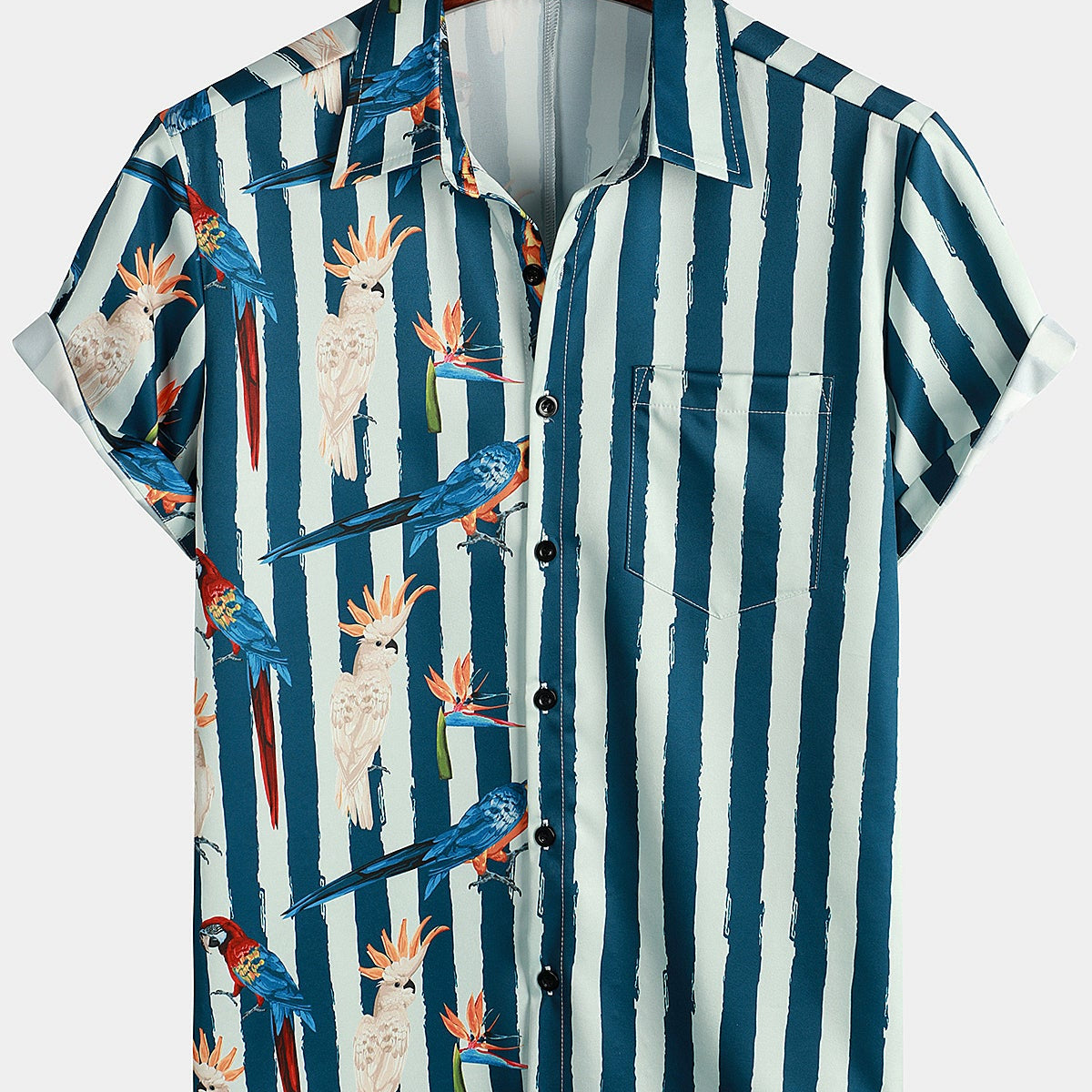 Men's Parrot Print Summer Pocket Short Sleeve Shirt