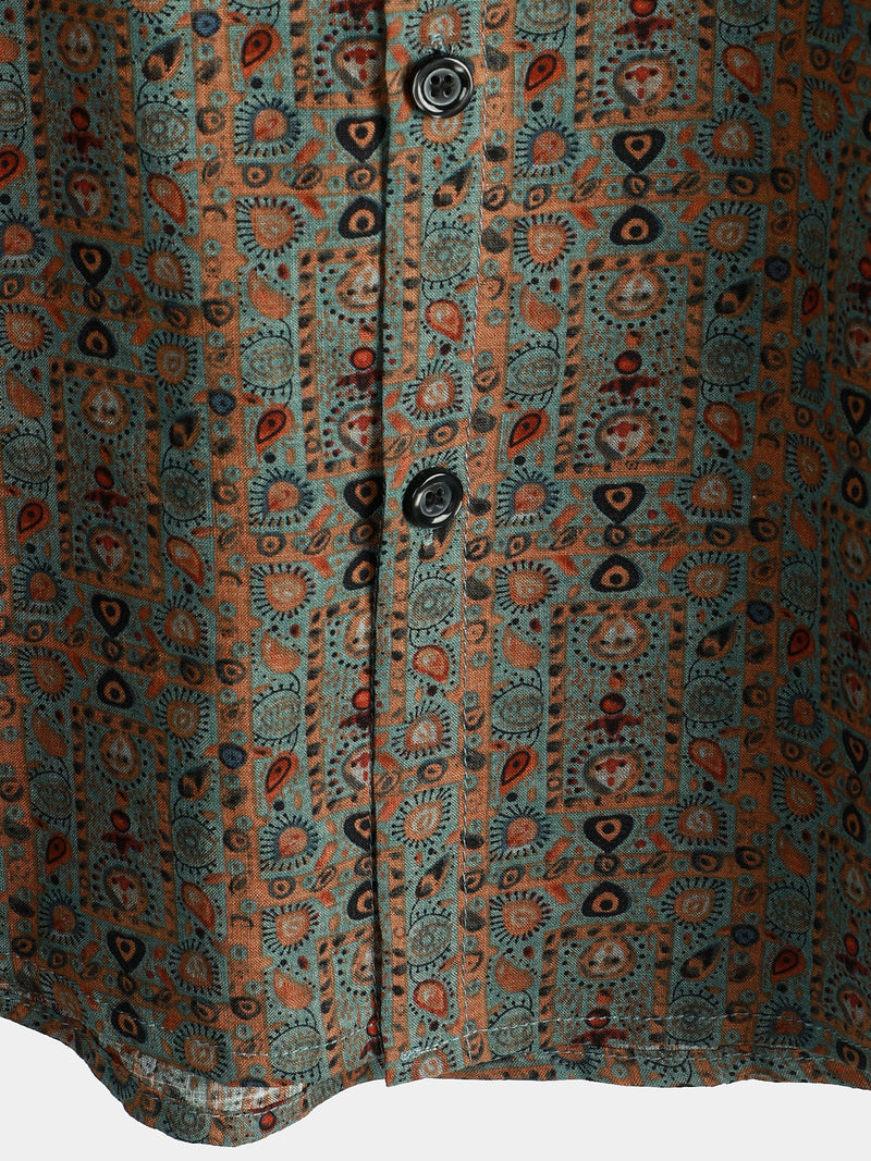 Men's Vintage Paisley Print 70s Button Up Brown Boho Retro Tribal Short Sleeve Shirt