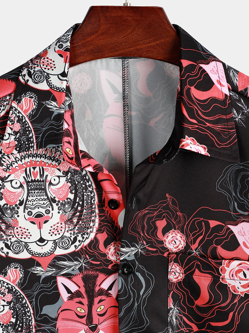 Men's Tiger & Rose Print Pocket Casual Shirt