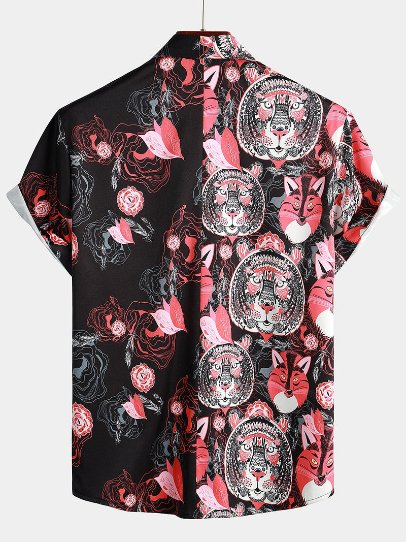 Men's Tiger & Rose Print Pocket Casual Shirt