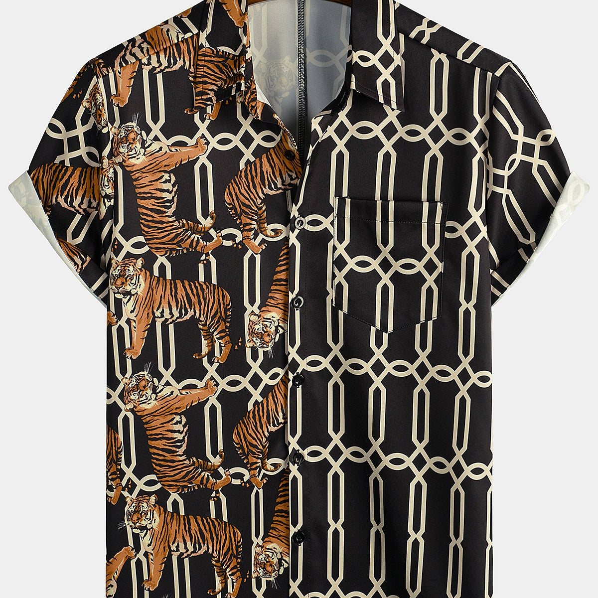 Men's Casual Tiger Print Pocket Short Sleeve Shirt