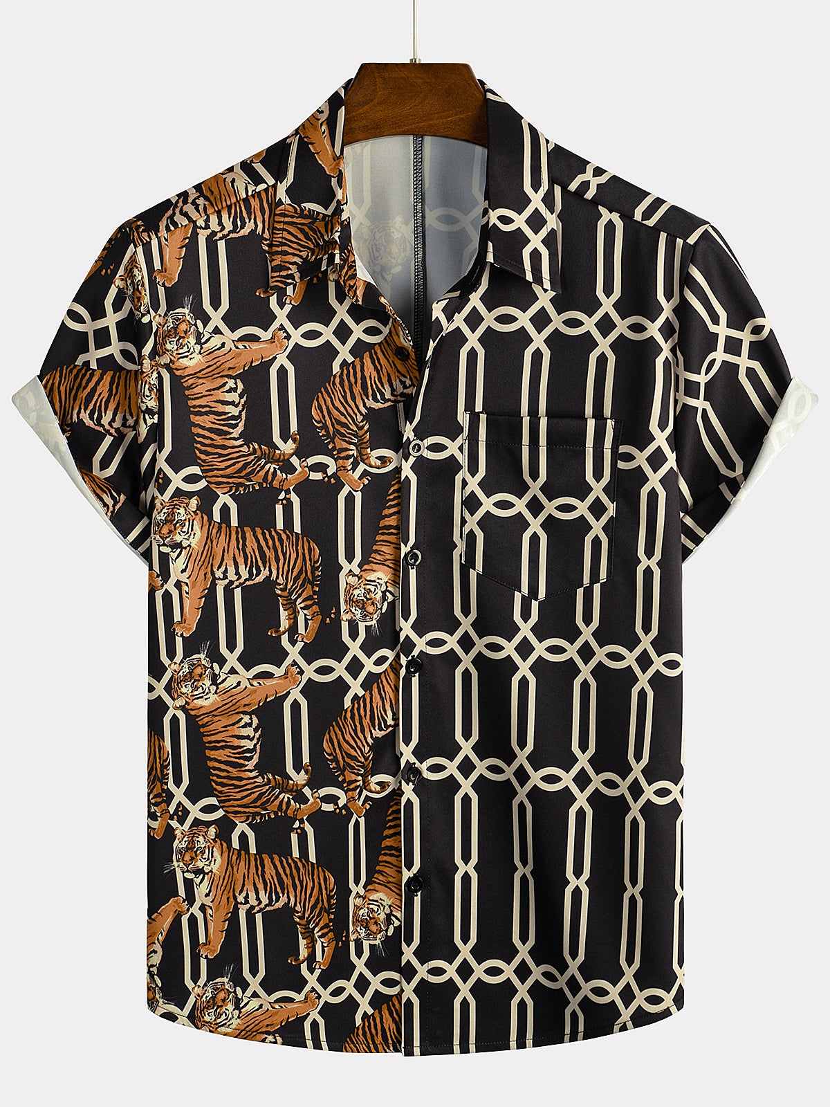 Men's Casual Tiger Print Pocket Short Sleeve Shirt