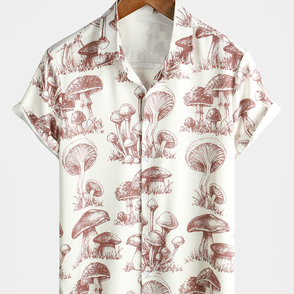 Men's Retro Mushroom Print Cute Summer 70s Beige Short Sleeve Button Up Shirt